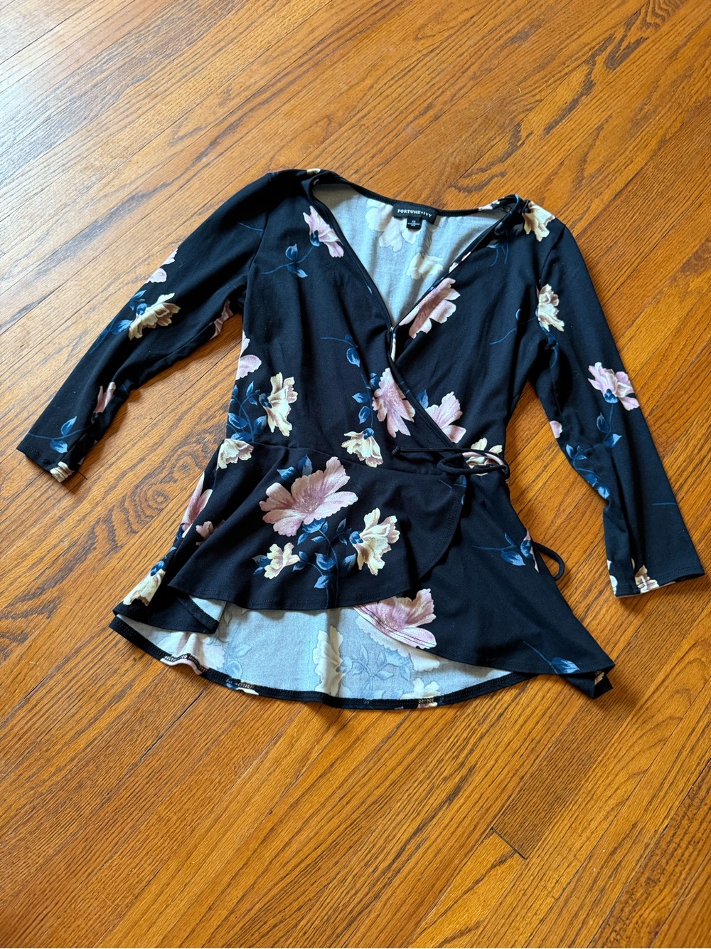 Floral Wrap Peplum Blouse in Black